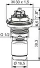 Thermostat-Oberteil von IMI Hydronic Engineering, grafische Darstellung mit detaillierten Maßen und technischen Spezifikationen, geeignet für Ventilheizkörper.